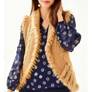 Lilly Pulitzer Torini Faux Fur Trim Sweater Vest Sand Castle Metallic Size L